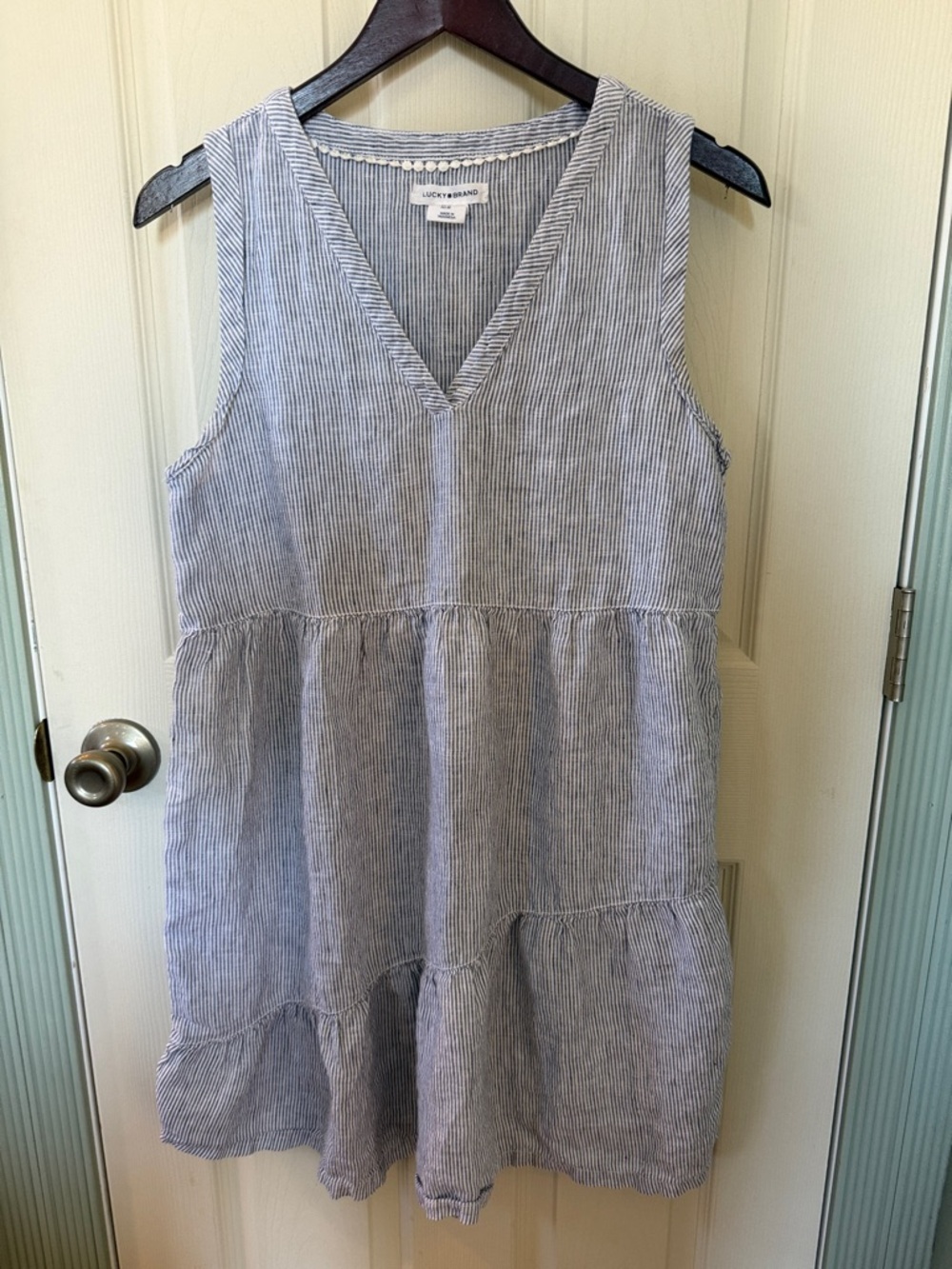 Lucky Brand Navy and White Striped Tiered V‑Neck Dress